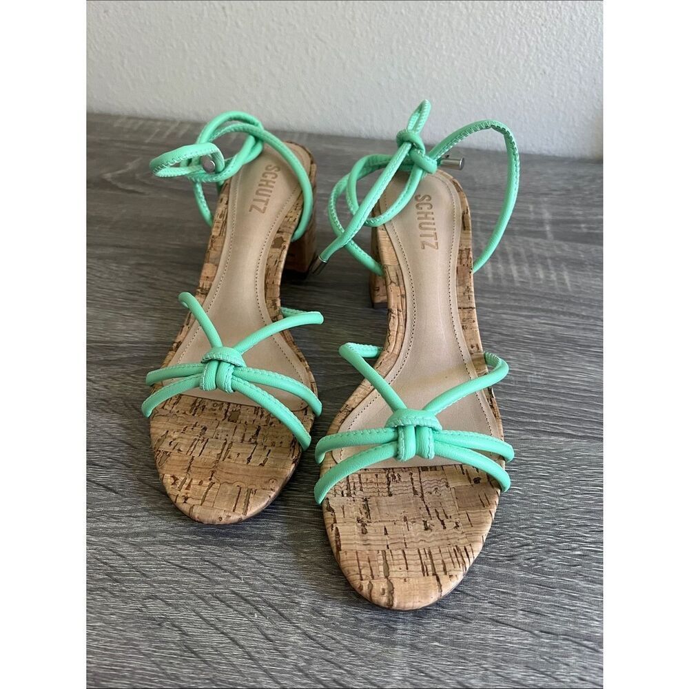 New Schutz Mint Green Cork Block Heel Ankle Wrap Sandals Women’s 7.5B